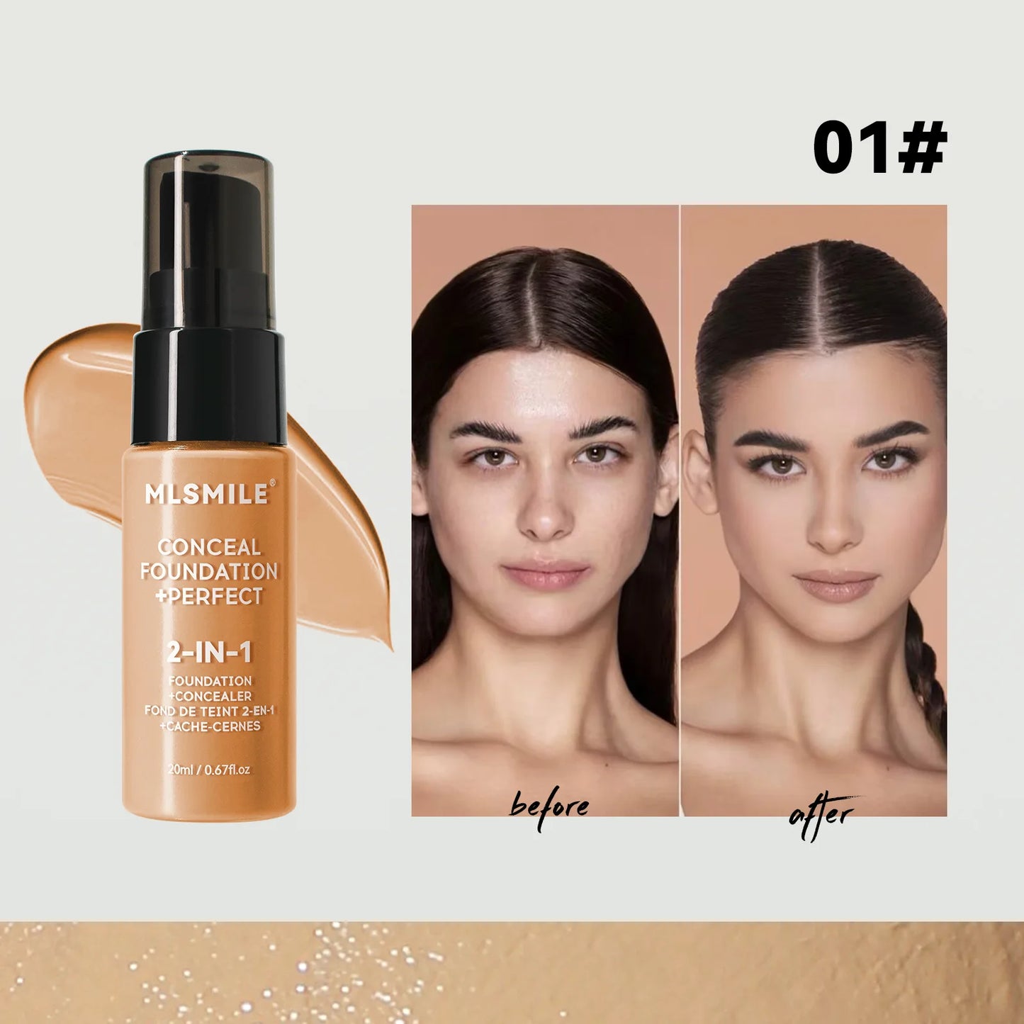 MLSMILE concealer foundation bottle with 'before' and 'after' comparison on a light gray background