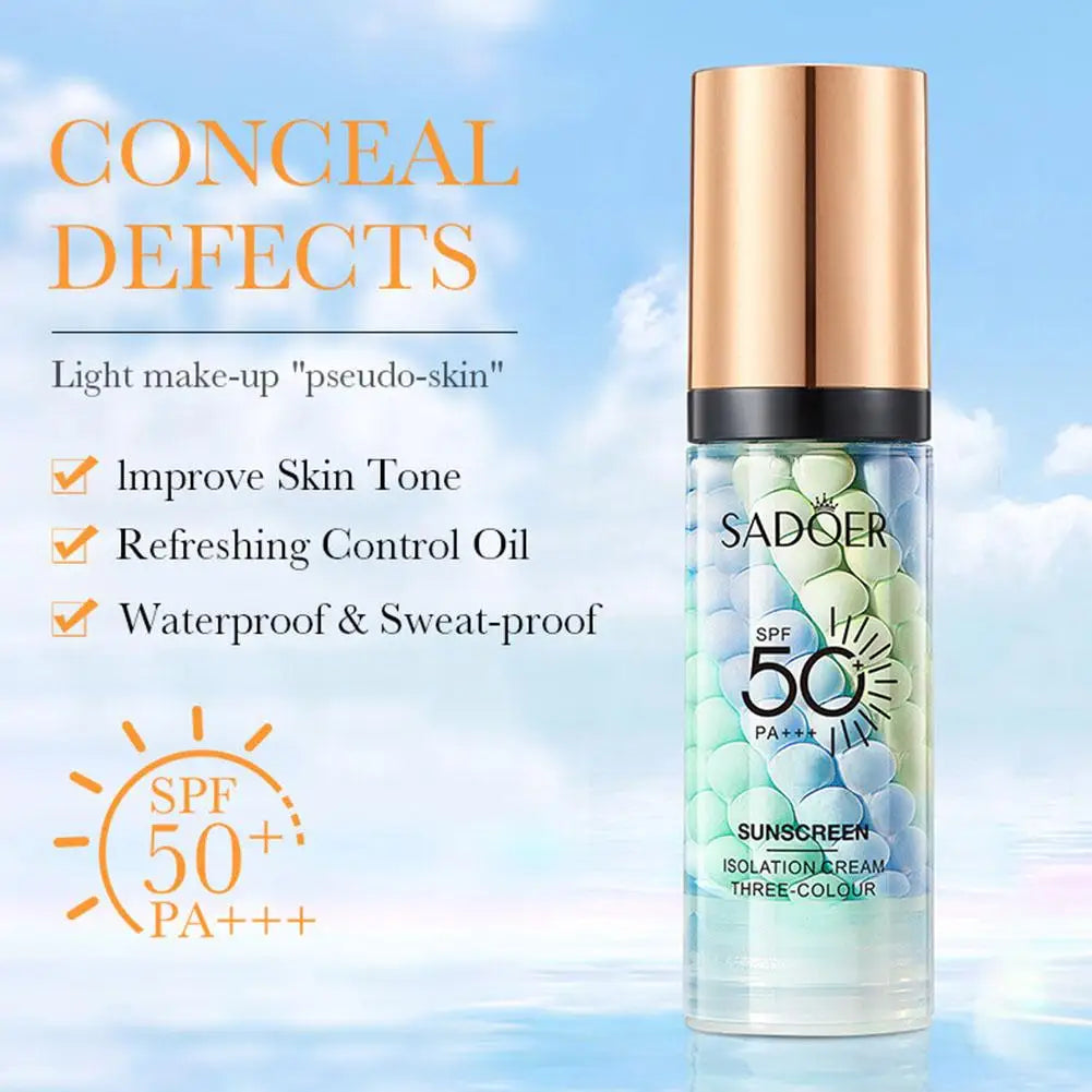 Sadoer sunscreen bottle with sky background and product features listed