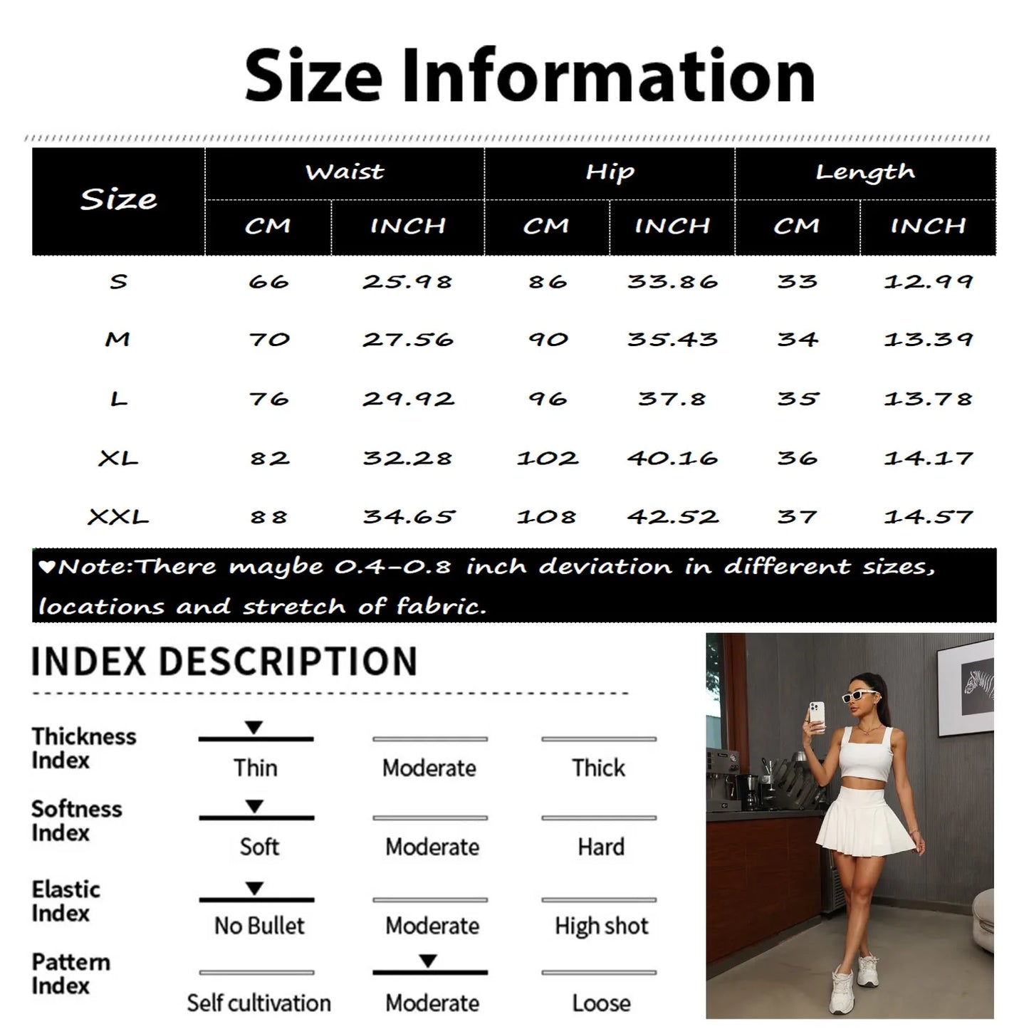 Size chart and index description for clothing with a person wearing a white outfit.