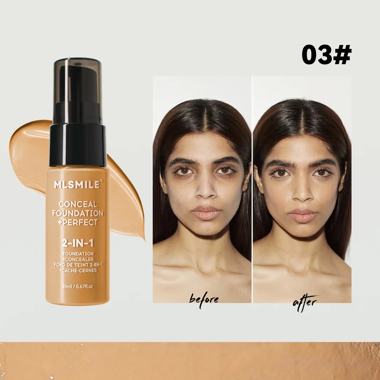 MLSMILE concealer foundation product with 'before' and 'after' comparison on a white background