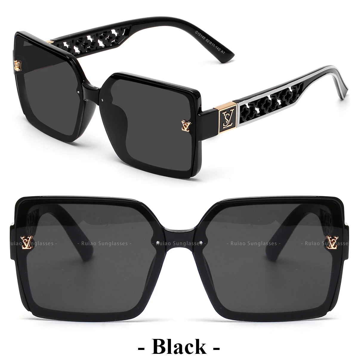 Black sunglasses with decorative arms on a white background
