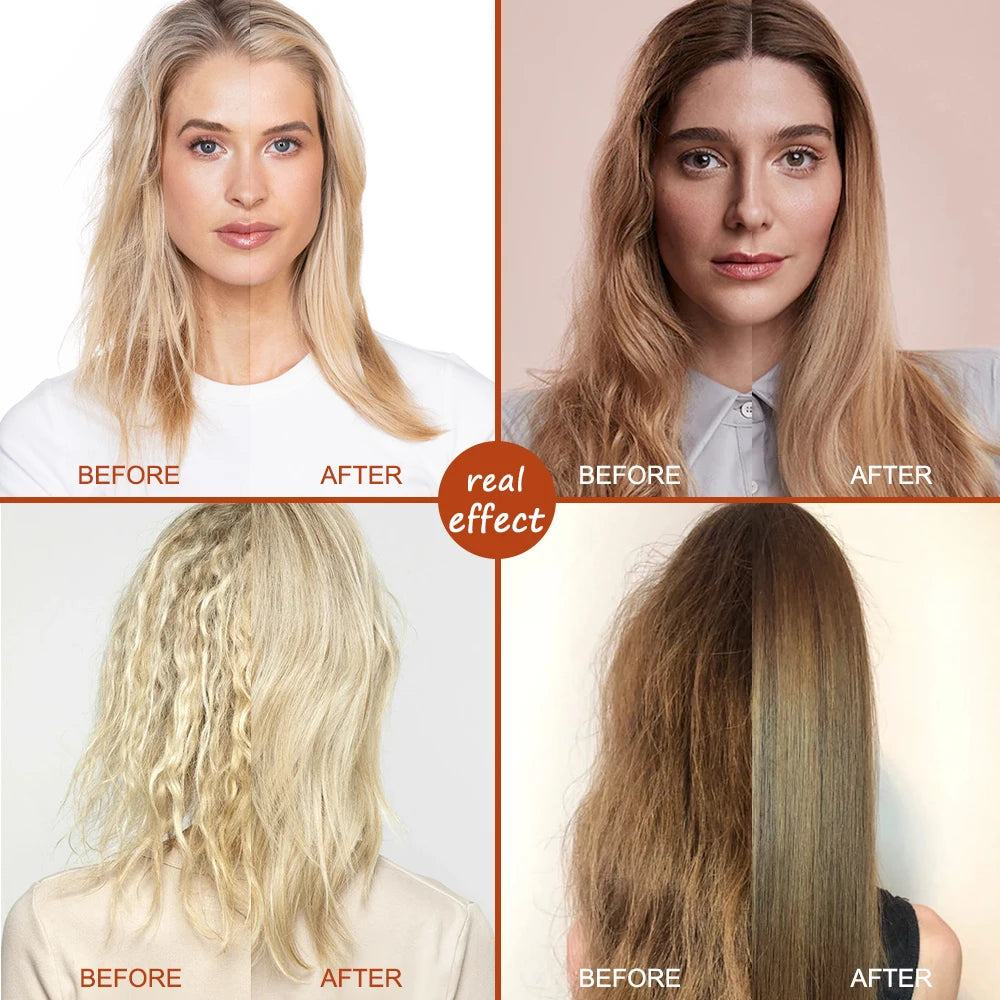 Before and after hair color transformation comparison on a woman.