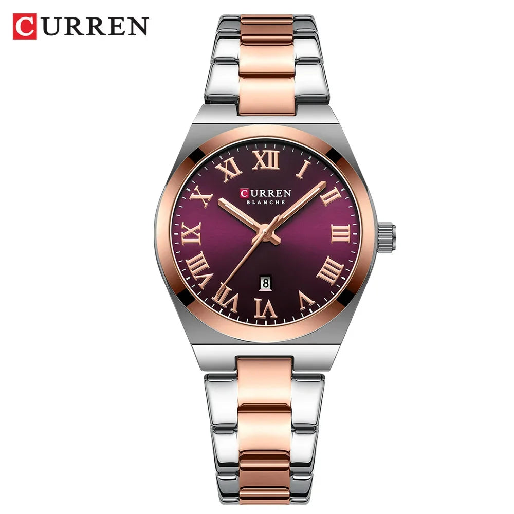 Curren watch with rose gold and silver band on a white background