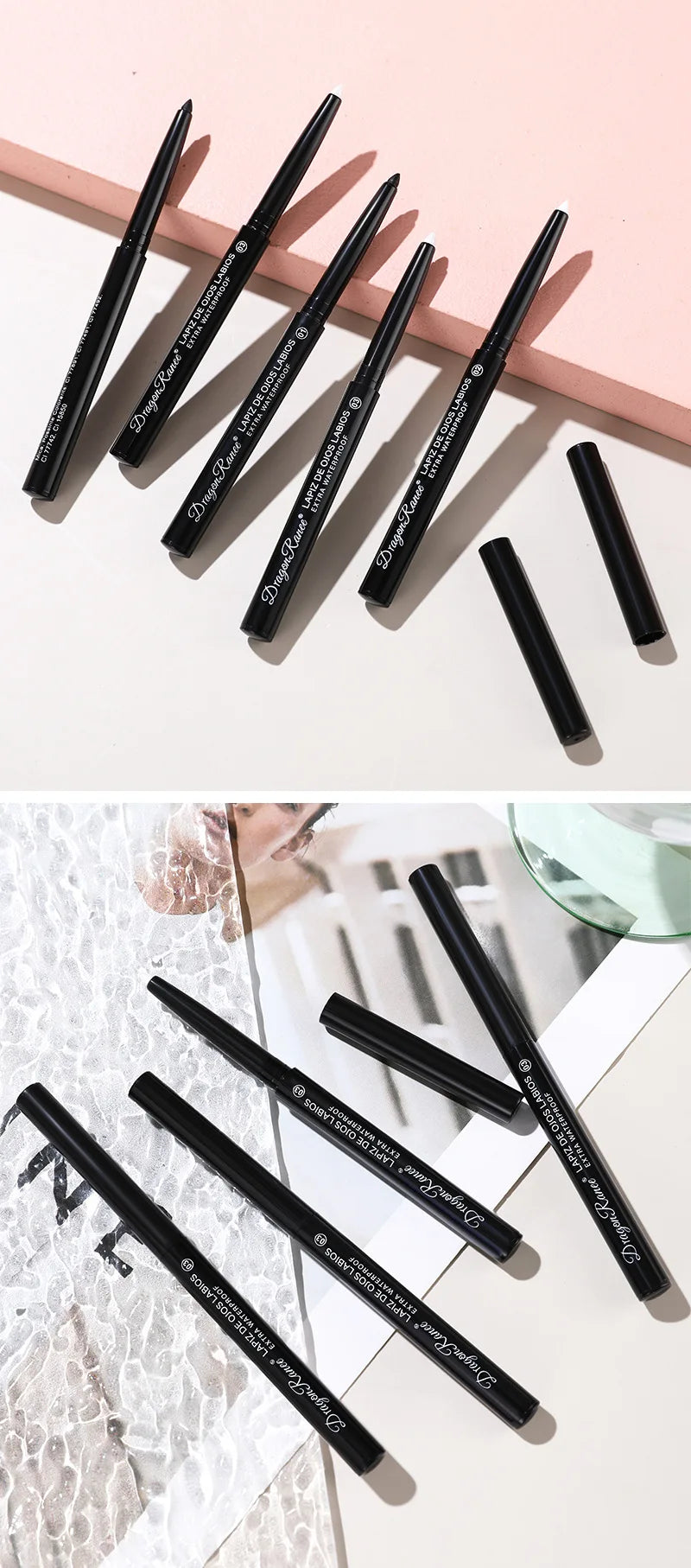 Set of black makeup pencils on a light pink and white background