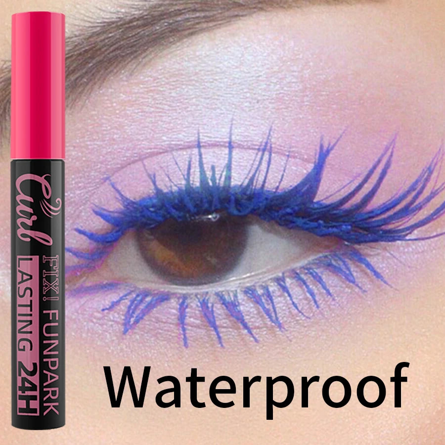 Eyelash curler with pink casing and black label on eye with blue eyelashes, labeled 'Waterproof'.