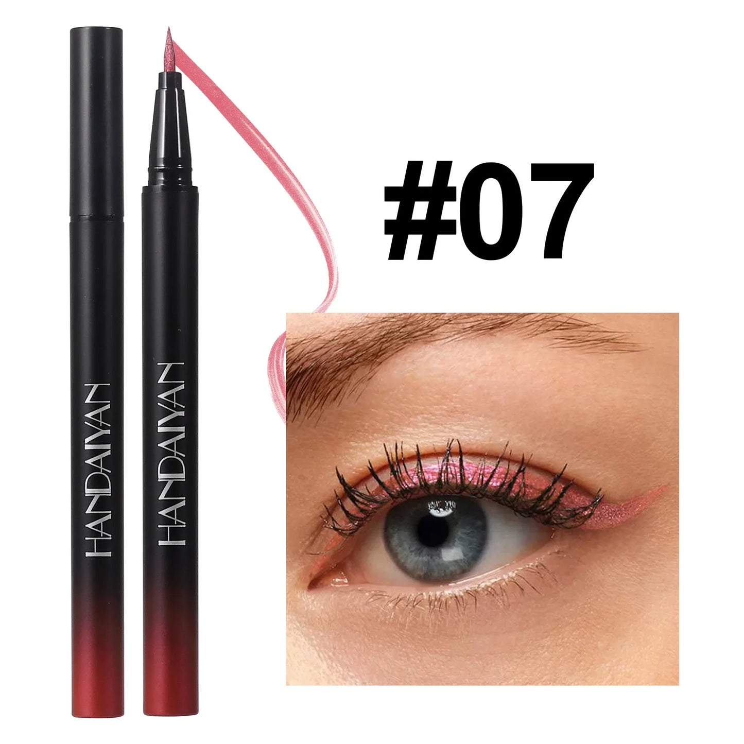 Makeup pen with pink liquid, close-up of eye wearing pink eyeliner, and brand name 'HANDAIVAN'.
