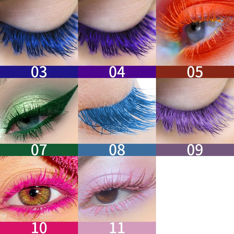 Collage of eyes with colored false eyelashes in various colors.