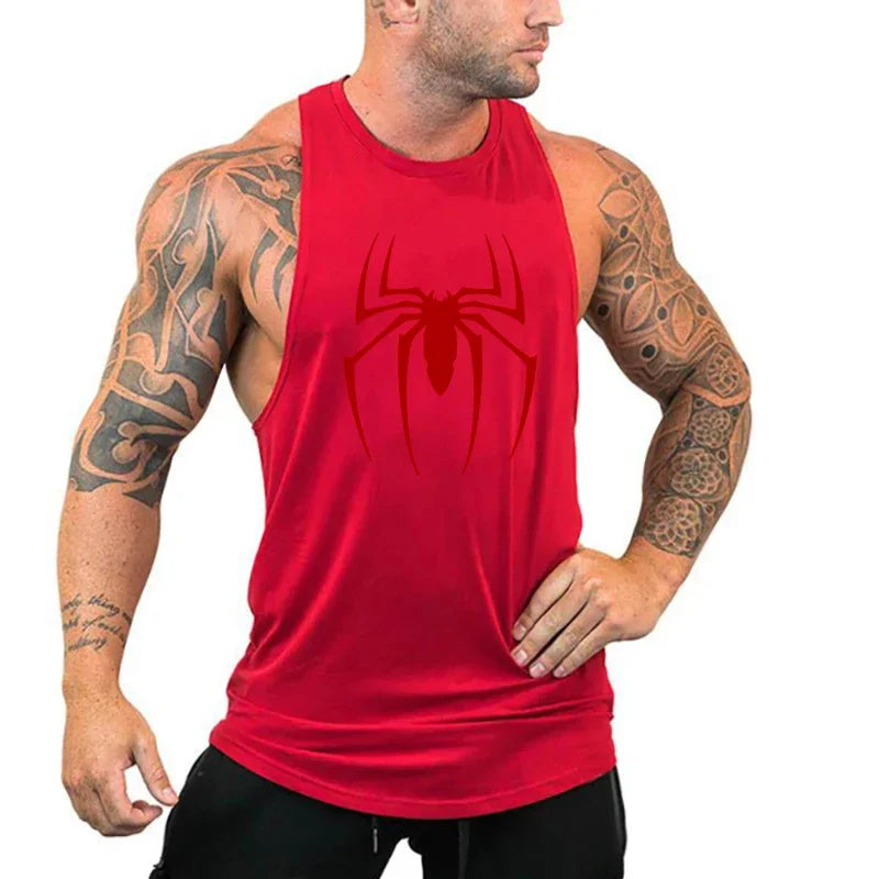 Man wearing a red tank top with a spider logo on a white background