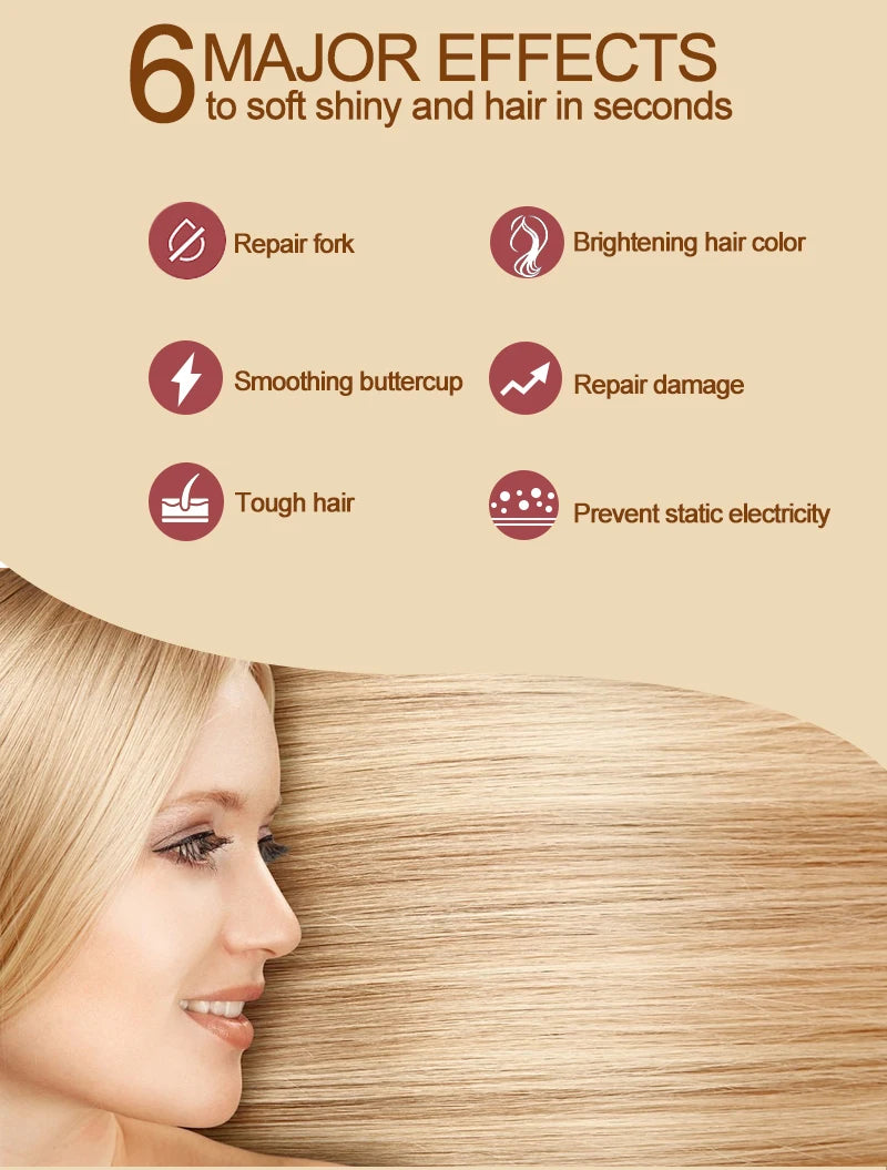 Hair care product advertisement with a woman's face and hair, highlighting six effects on hair.