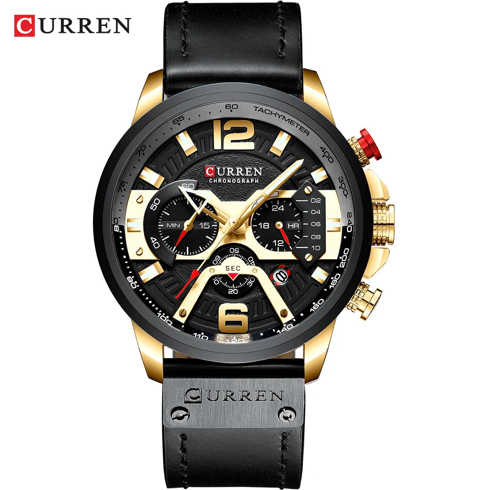 Curren watch with black and gold design on a white background