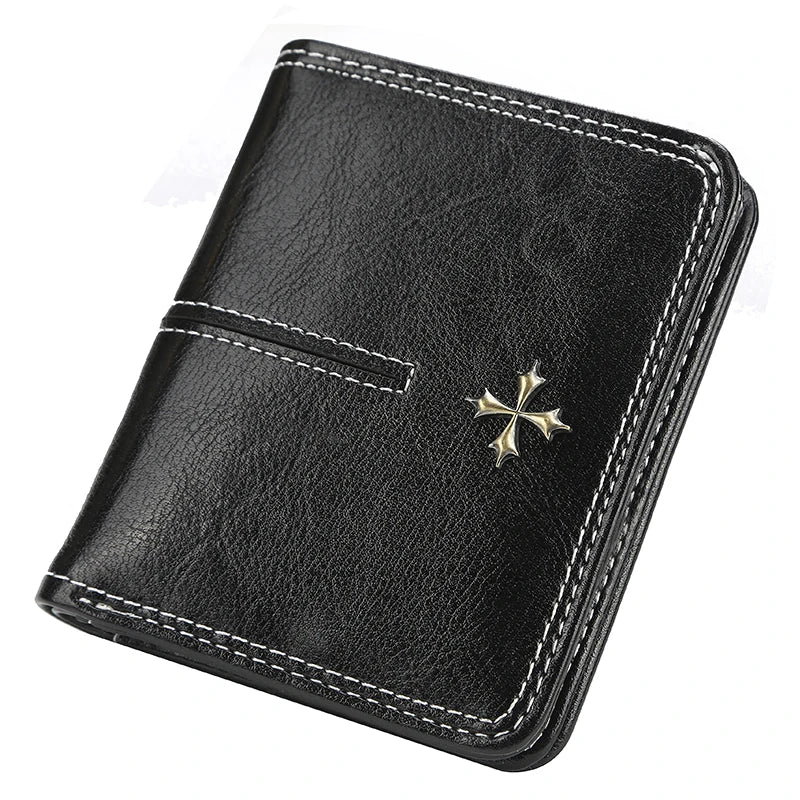 Black leather wallet with a gold cross emblem on a white background