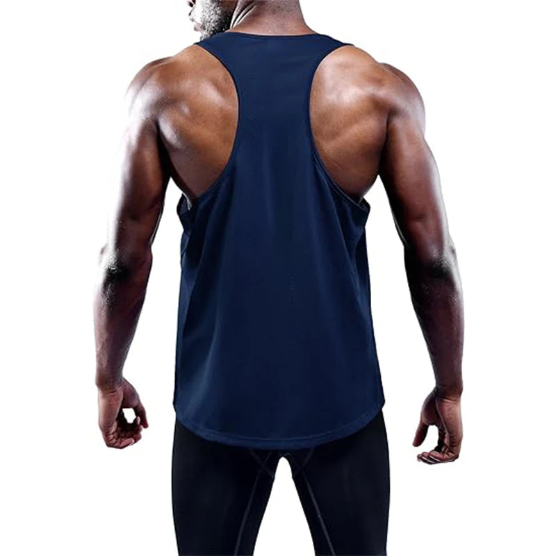 Person wearing a navy tank top on a white background