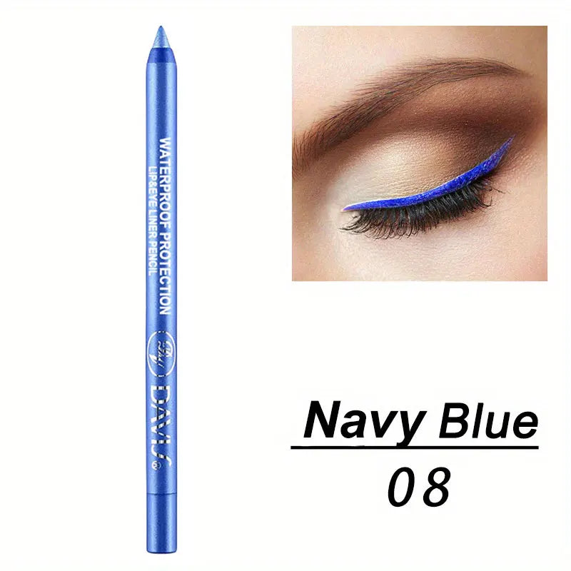 Blue eyeliner pencil with close-up of eye wearing it on a white background