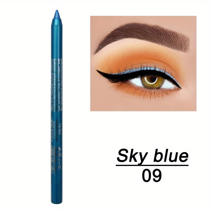 Blue eyeliner pencil with an eye makeup application example on a white background