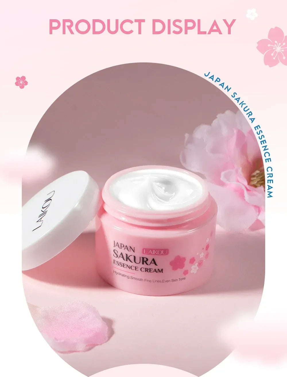 Japan Sakura Essence Cream with cherry blossom elements on a pink background