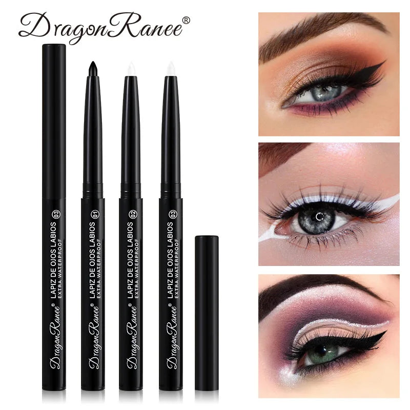 Dragon Ranee eyeliner pencils with close-up images of eye makeup.