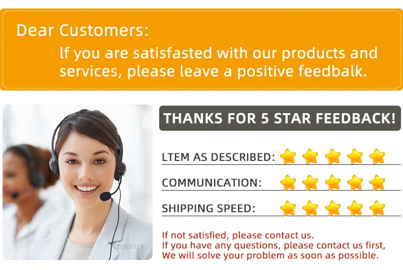 Feedback form with a customer service representative and star rating system on an orange background.