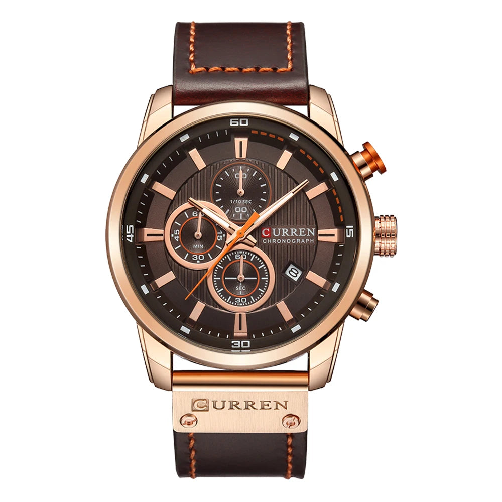 Curren watch with brown leather strap and rose gold casing on white background