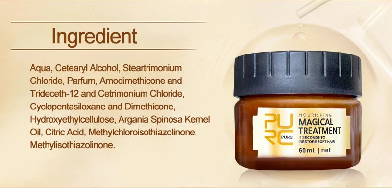 Jar of hair treatment with ingredient list on a beige background