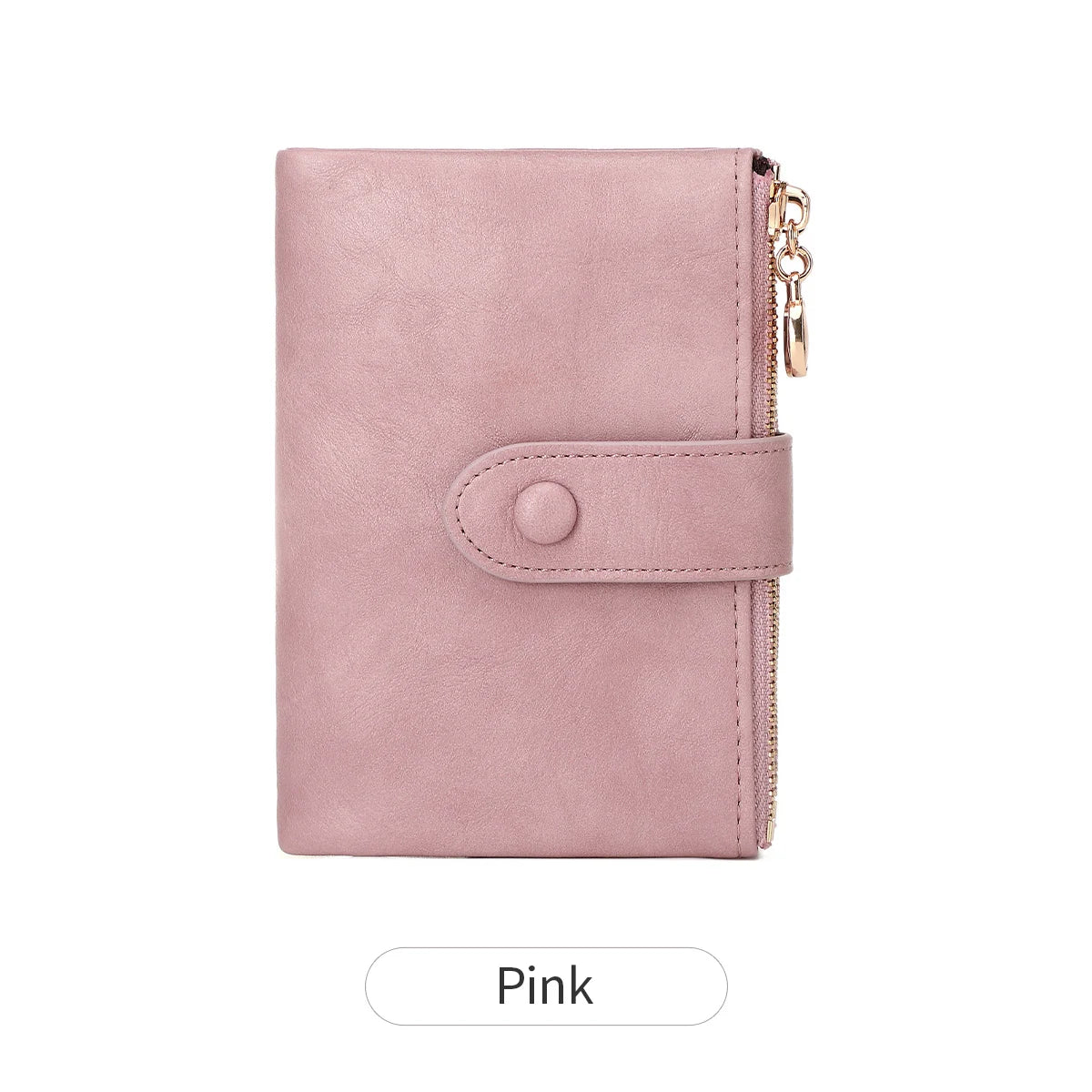 Pink wallet with a gold zipper on a white background