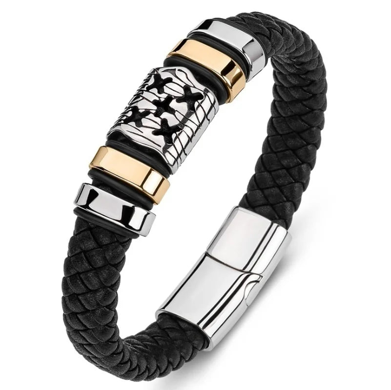 Black braided bracelet with silver and gold accents on a white background