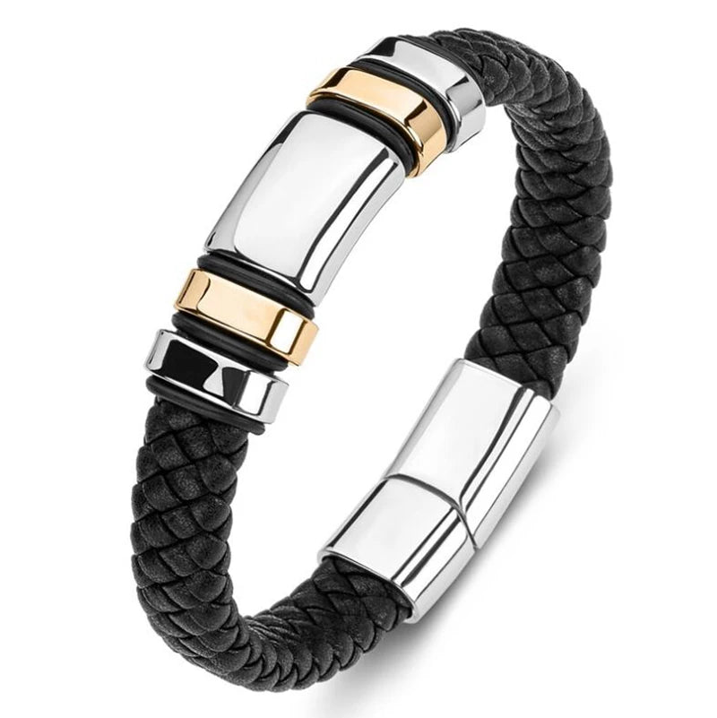 Black braided leather bracelet with silver and gold accents on a white background