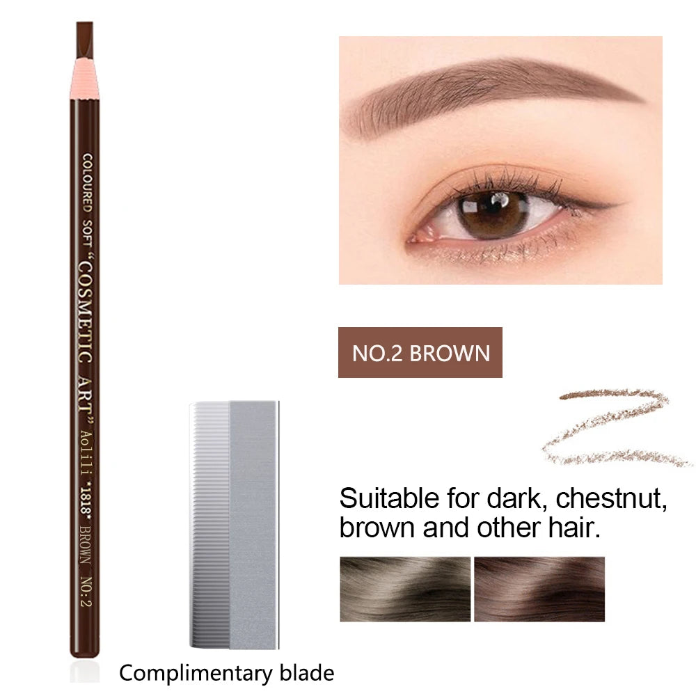 Brow pencil with blade, close-up of eye with brown eyebrow, and color swatches on a white background