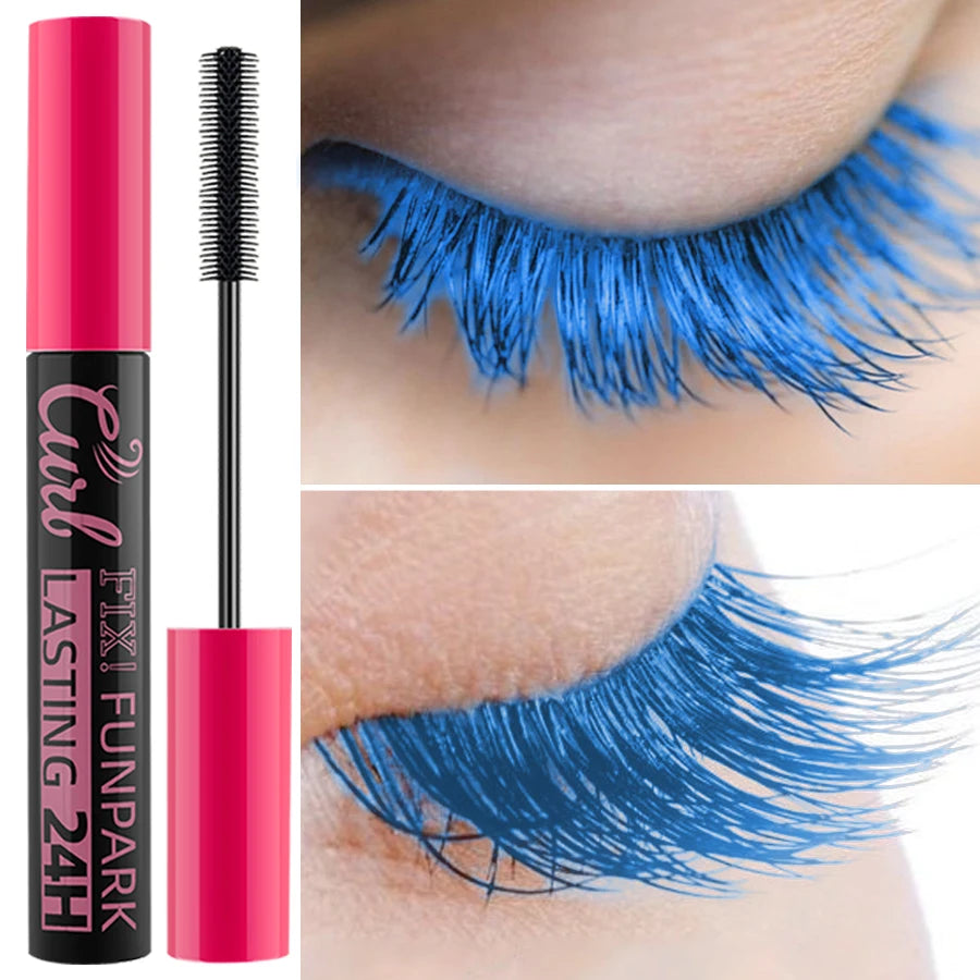 Mascara with blue lashes applied to an eye, Fix! Funpark brand visible