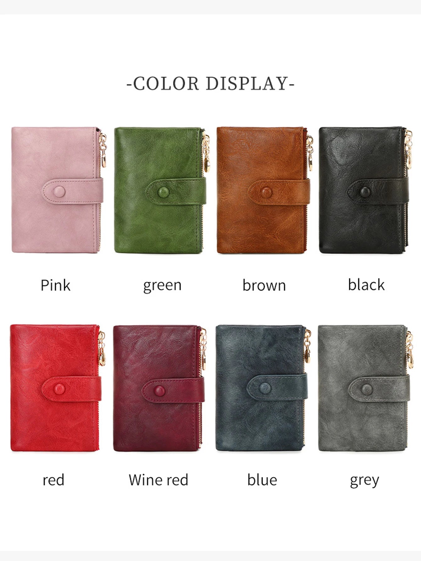 Display of wallets in various colors on a white background