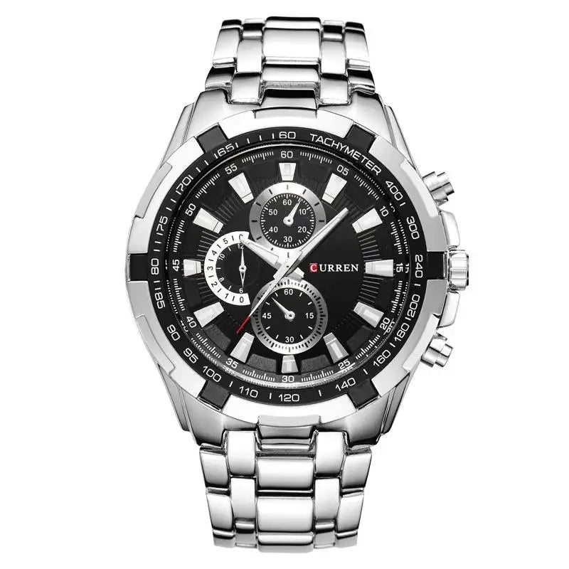 Silver wristwatch with a black dial on a white background