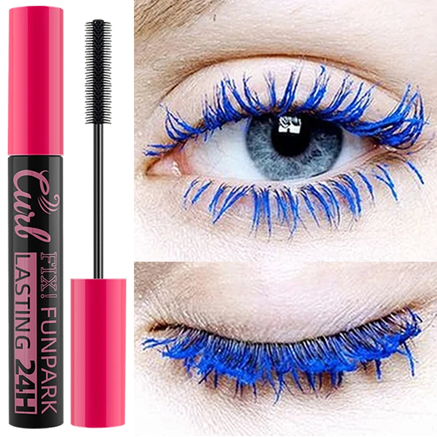 Mascara with blue lashes applied to an eye, Funpark brand visible