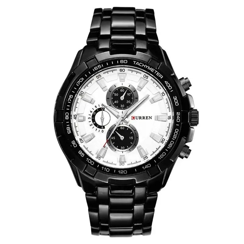 Black wristwatch with white face on a white background