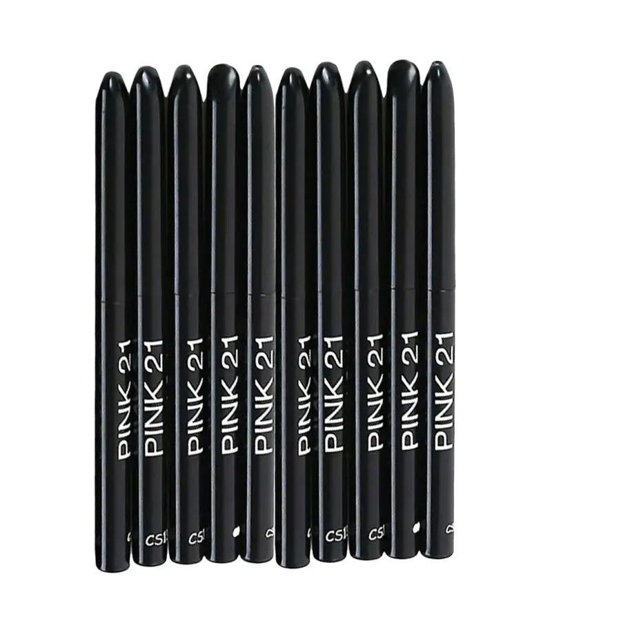 Row of black cosmetic pencils with 'Pink 21' branding on a white background