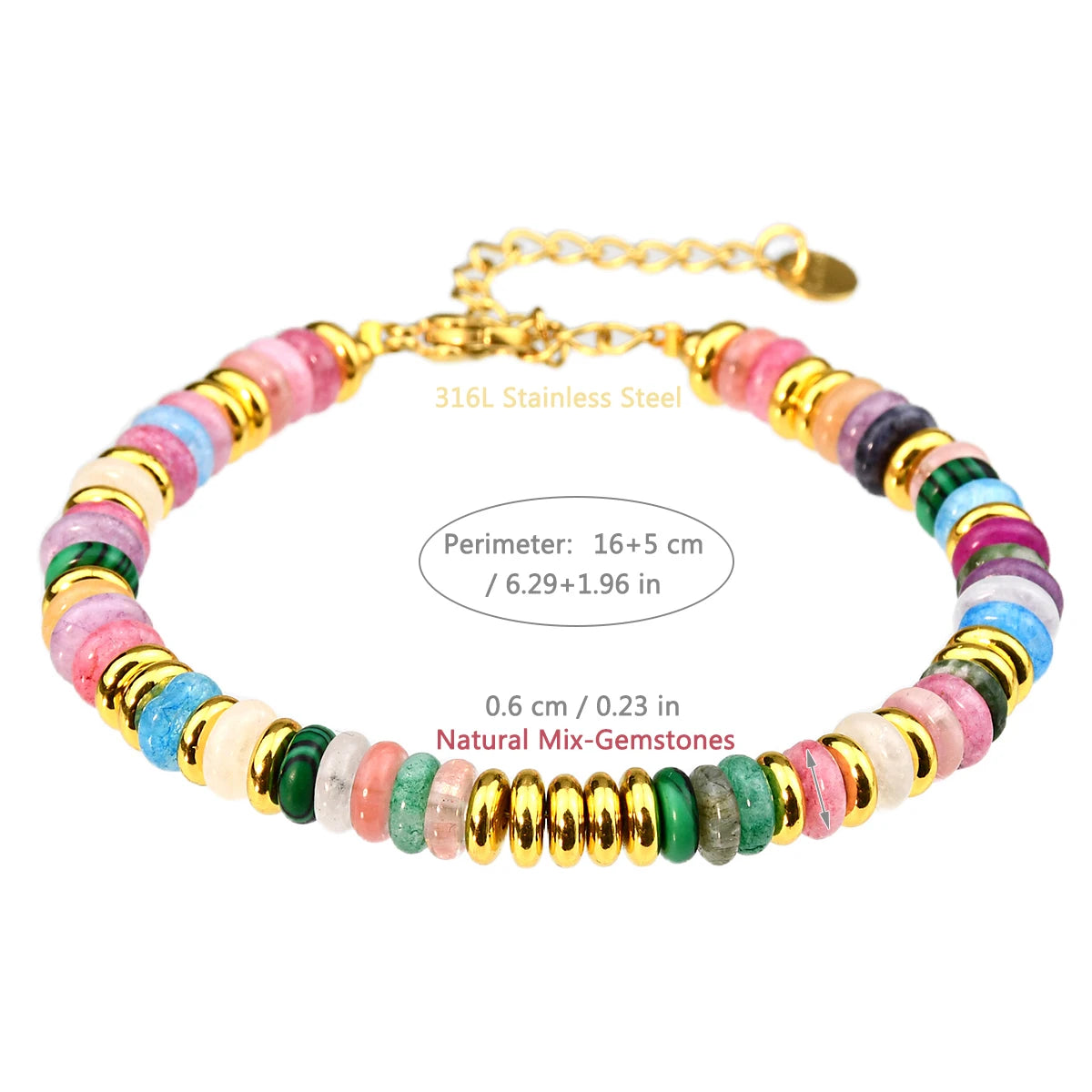 Multicolored beaded bracelet with gold accents on a white background