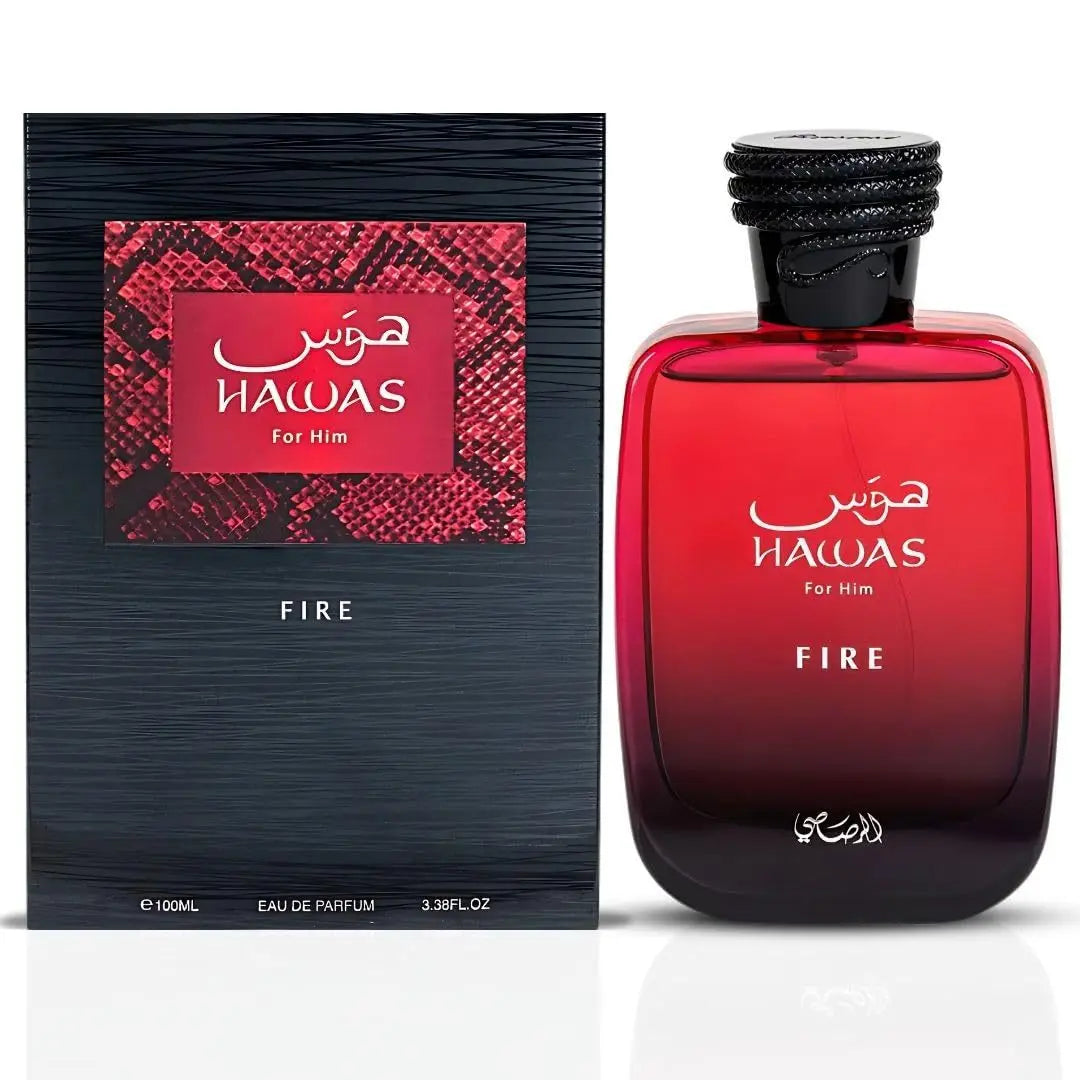 Hawas Fire perfume bottle and packaging on a white background