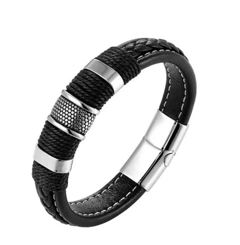 Black braided leather bracelet with silver accents on a white background
