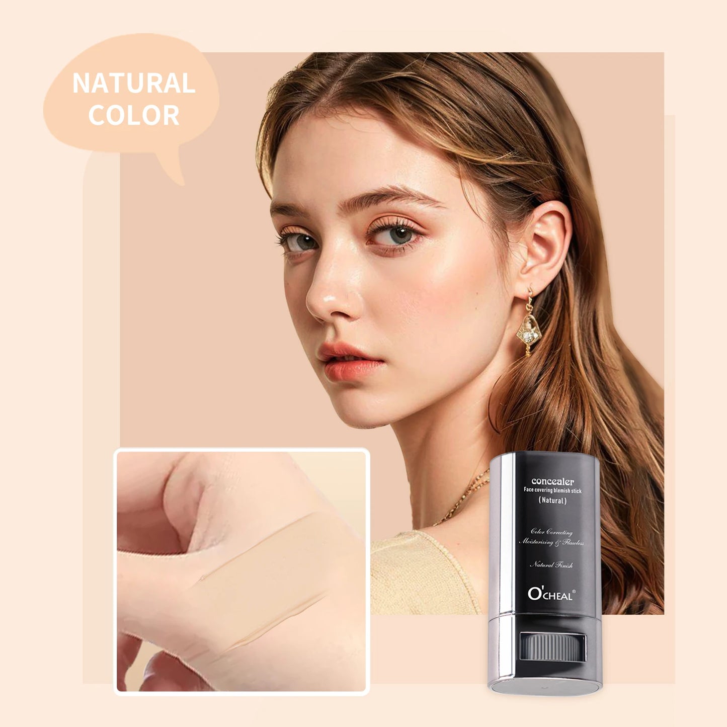 Woman wearing earrings with a close-up of the earring and O'Ceallach product on a beige background.