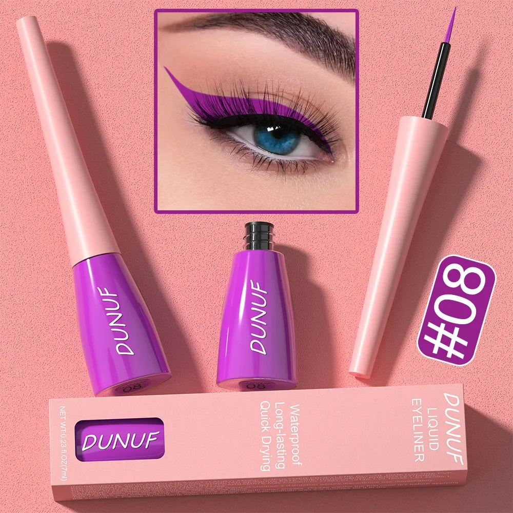 DUNUF liquid eyeliner set with packaging on a pink background