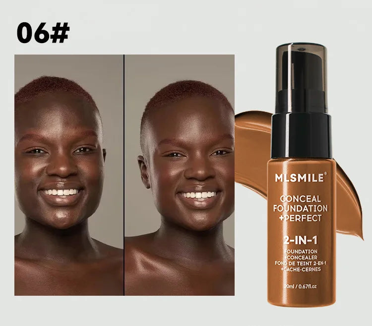 Two images of a woman with different skin tones and an MLSMILE foundation bottle.