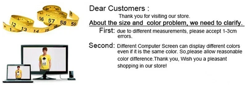 Measurement tape and computer monitor with text about size and color issues on a store's website.