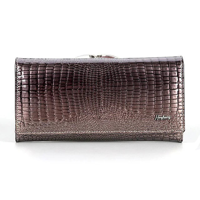Brown textured wallet with a visible brand logo on a white background