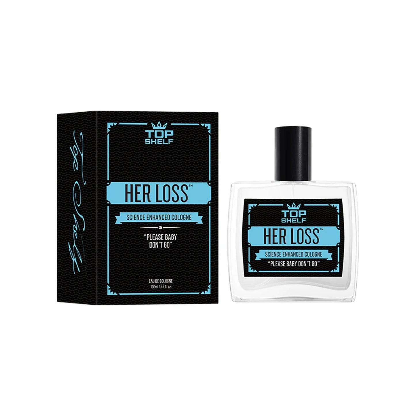 Top Shelf 'Her Loss' cologne bottle and packaging on a white background