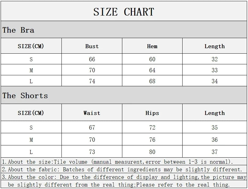Size chart for bras and shorts with measurements in centimeters.