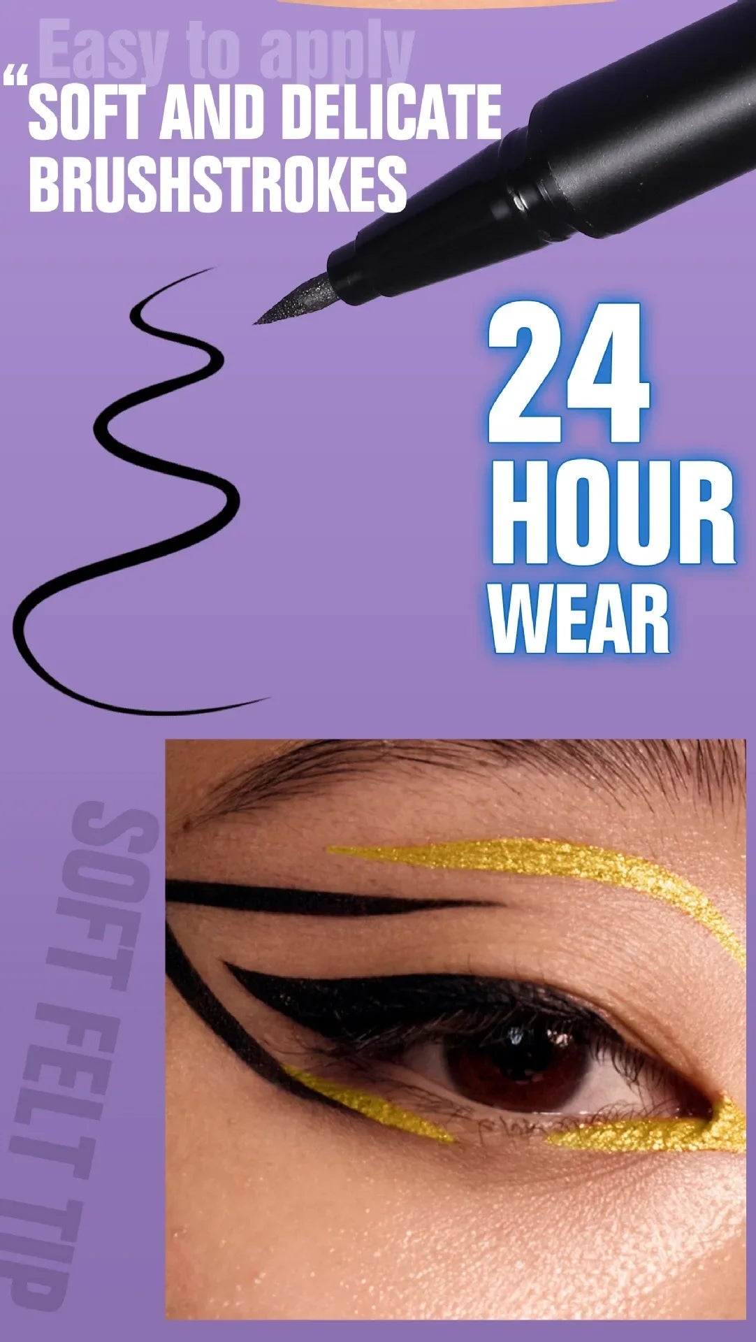 Eyeliner pen with text on a purple background, showing a close-up of an eye with eyeliner.