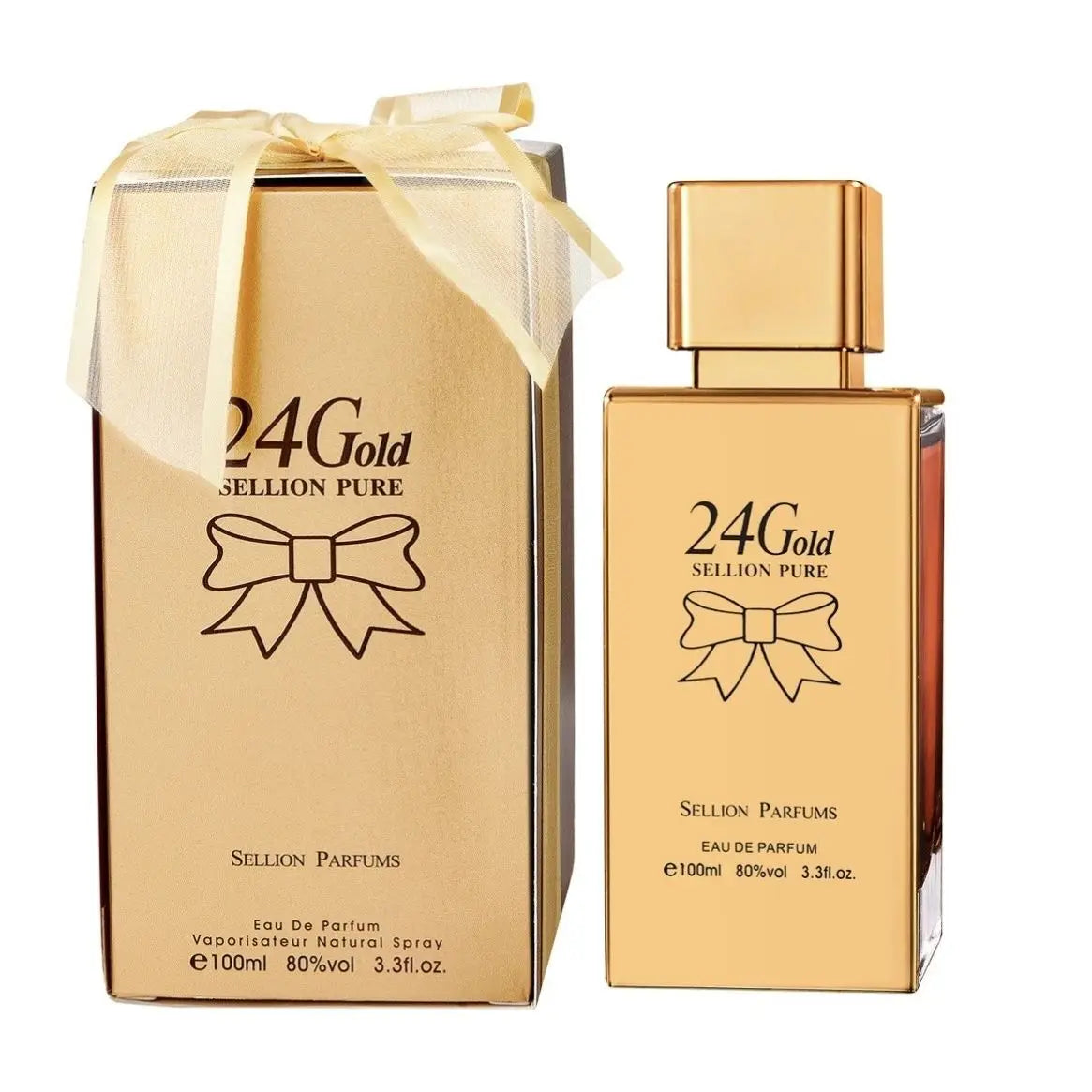 Gold 24K perfume bottle and packaging with a bow on a white background