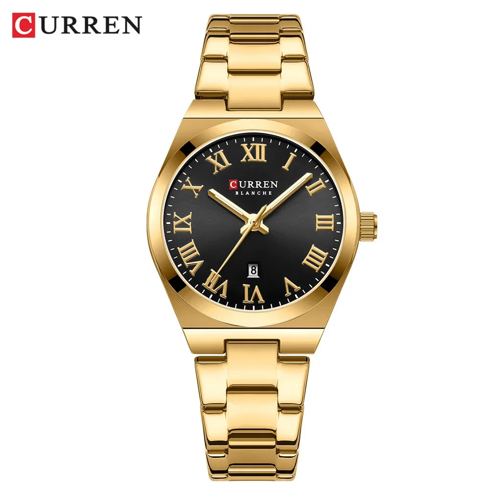 Gold wristwatch with black dial featuring Roman numerals on a white background, branded 'Curren'.