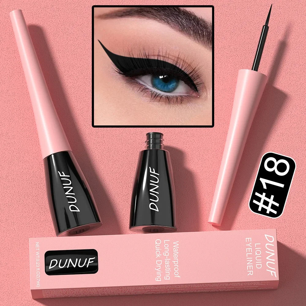 DUNUF liquid eyeliner set with packaging on a pink background
