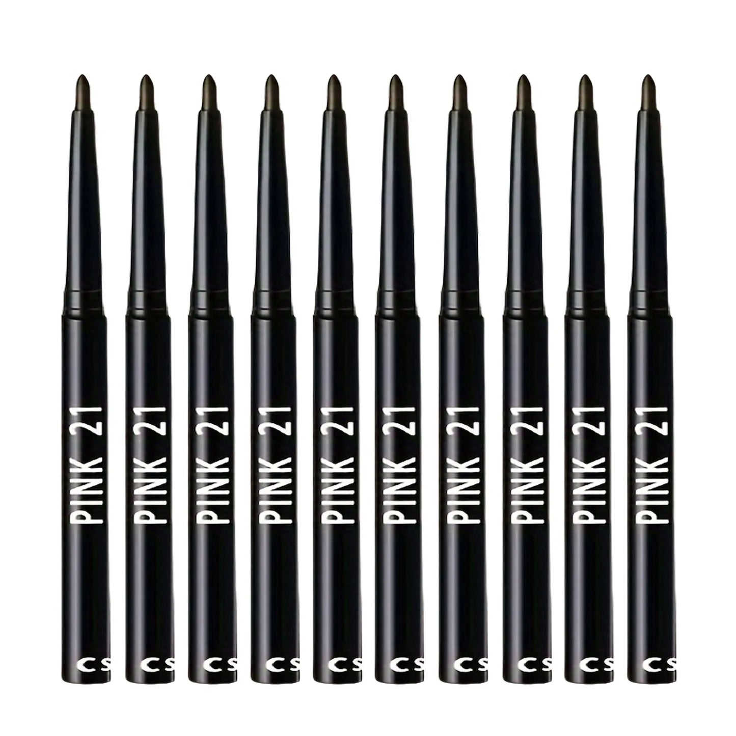 Row of black eyeliner pencils with 'Pink 21' branding on a white background