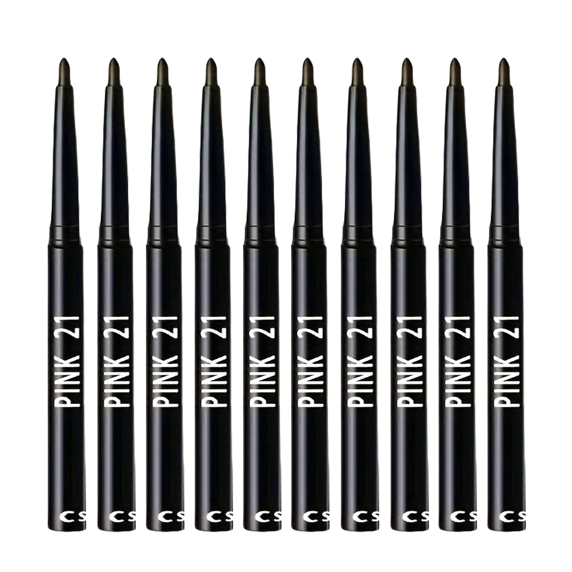 Row of black eyeliner pencils with 'Pink 21' branding on a white background