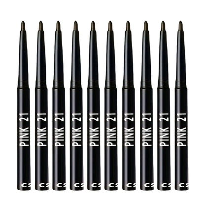 Row of black eyeliner pencils with 'Pink 21' branding on a white background